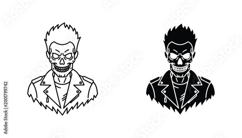 Punk rock skeleton in leather jacket with spiky hair isolated on white background in line drawing and solid fill