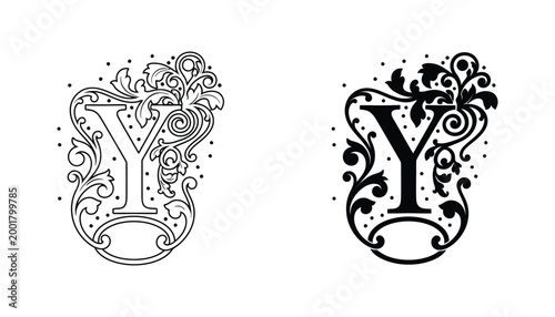 Elegant capital letter Y with intricate baroque floral scrollwork design decorative monogram initial