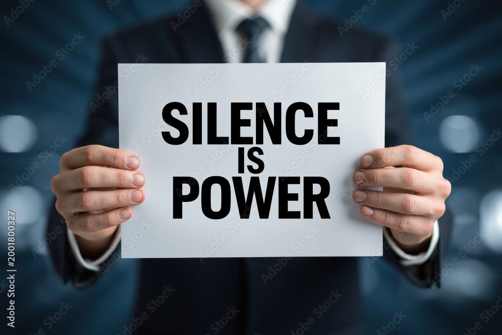 Obraz premium A corporate leader holds a sign stating that Silence Is Power
