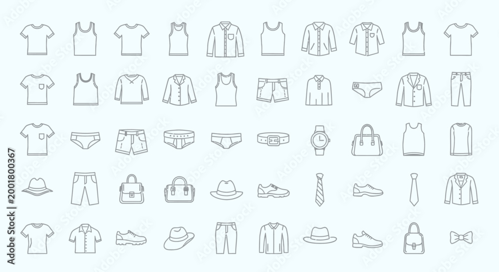 Obraz premium UnClothing Line Icons Set, Fashion Apparel Collection, Garment Outline Symbols, Wardrobe Essentials, Minimalist Fashion Iconstitled