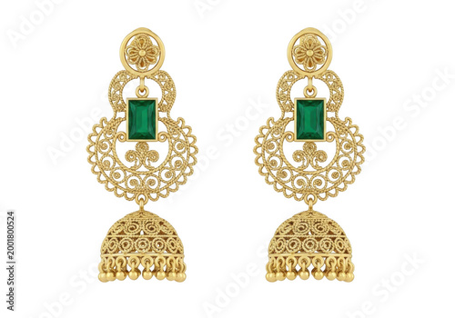 Traditional gold earrings with emerald and filigree designs