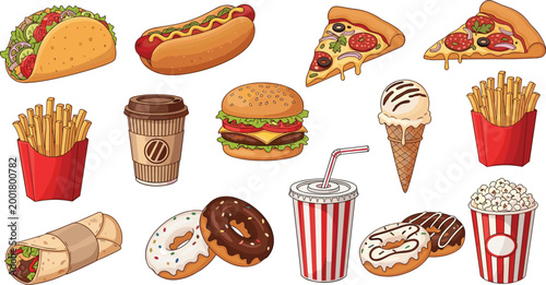 Fast Food and Dessert Icons Set with Taco Hotdog Pizza Burger Fries Coffee Donuts Ice Cream Wrap Popcorn and Street Snacks Illustration.