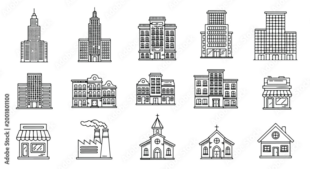 Fototapeta premium Modern city building and architecture line art vector illustration set