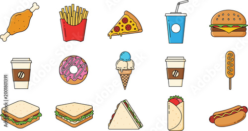 Fast Food and Drink Icons Set with Chicken Fries Pizza Burger Coffee Donut Ice Cream Sandwich Wrap Hotdog and Street Snacks Vector Illustration.