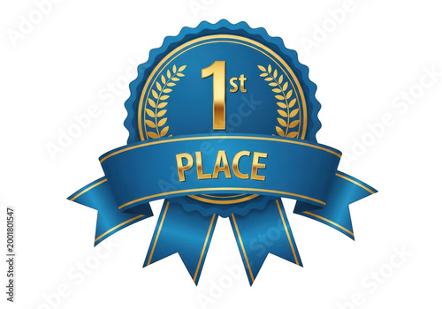 First place award badge with blue and gold ribbon design