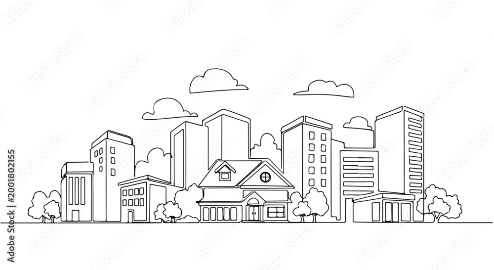 Obraz premium Modern City Skyline House Line Art Vector Illustration Background