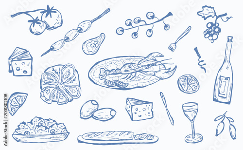 Hand-drawn Mediterranean food clipart set with seafood, wine, bread, cheese and fruit for packaging, menus, labels, stickers and restaurant branding