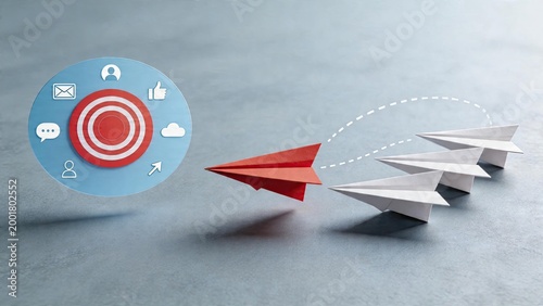 Business paper airplane strategy red plane leading white ones target icon with social media symbols marketing success concept