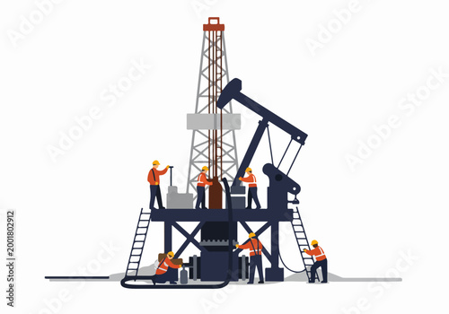 Vector Illustration of Workers Operating an Industrial Oil Rig and Pumpjack for Fuel Extraction and Energy Production