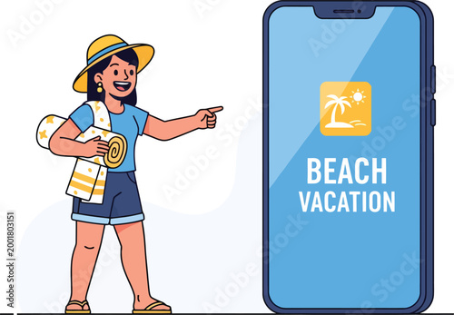 Beach vacation planning app, a cheerful woman pointing to a mobile phone with a beach vacation application, summer travel and holiday booking vector illustration