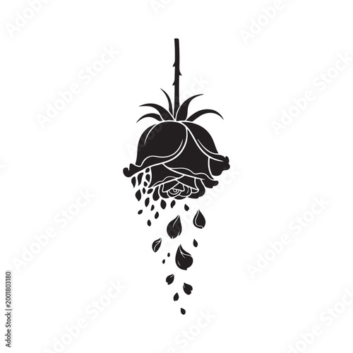 Black silhouette of an upside down rose with falling petals isolated on white background vector illustration
