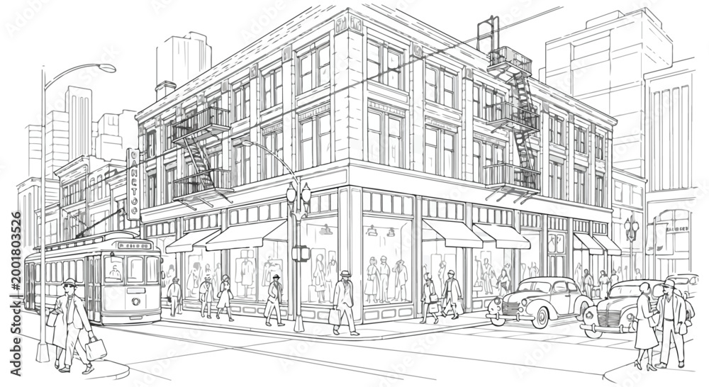 Fototapeta premium Vintage City Street Corner Vector Illustration with Tram and People