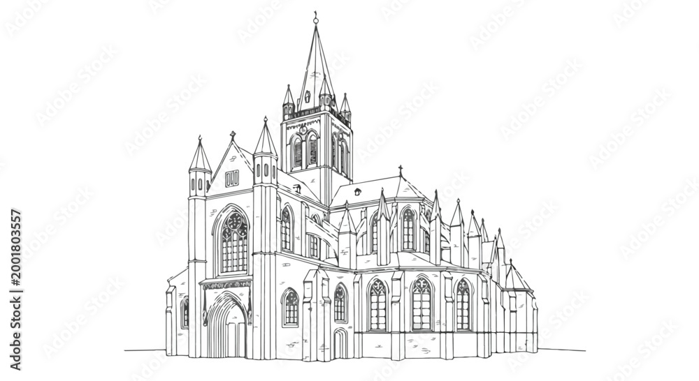 Fototapeta premium Gothic Cathedral Architecture Line Art Vector Illustration Design