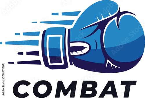 Dynamic blue boxing glove vector, fast-moving combat sport illustration, powerful punch graphic for fitness and martial arts branding, competitive fighting emblem