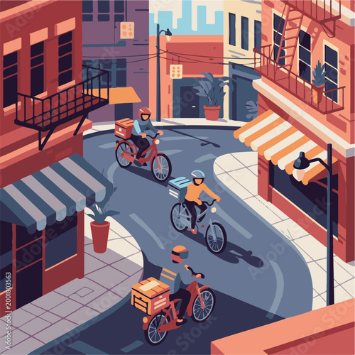 Three delivery workers ride bicycles through a busy city street to transport packages to customers during the busy workday afternoon