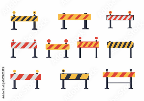 Set of flat vector road construction barriers and barricades with warning lights and striped patterns, isolated on a white background.