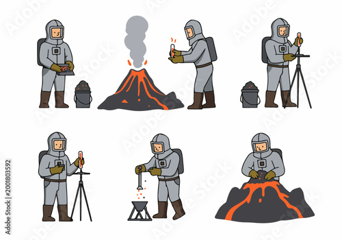 Set of vector illustrations featuring volcanologists in protective gear performing various scientific tasks and collecting samples from an active volcano.