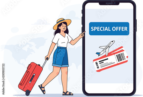 Travel booking special offer, woman with luggage using mobile app for flight ticket deals, online vacation planning vector illustration