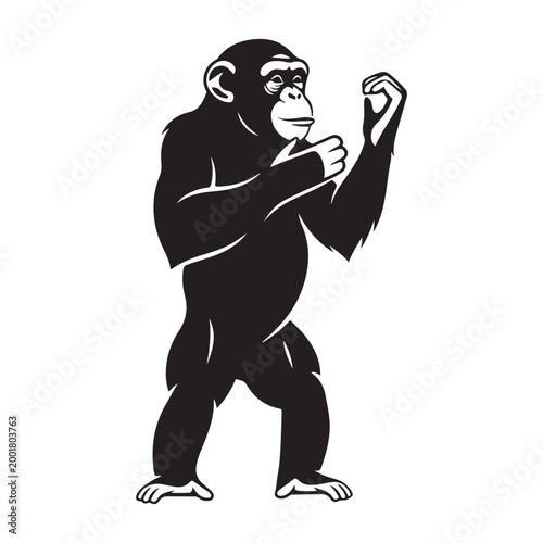 Black and white vector illustration of a chimpanzee standing and gesturing isolated on white background