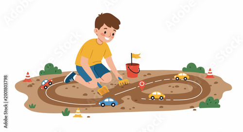 Little boy happily creating a race track in the dirt for toy cars with sandbox tools, illustrating creative and imaginative outdoor play.