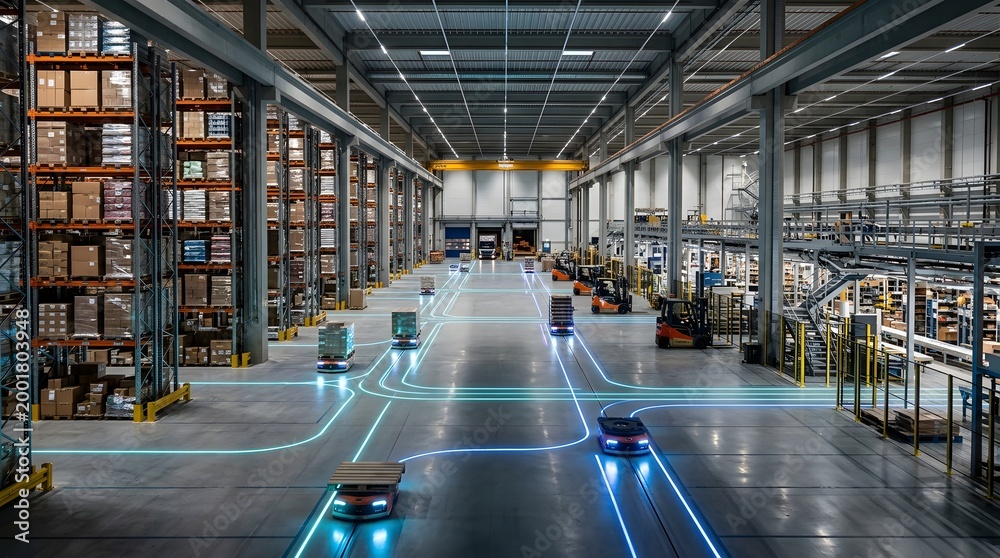 Naklejka premium Modern automated warehouse with autonomous robots transporting goods along glowing blue digital tracks between tall storage racks, industrial shelving, and logistics equipment.