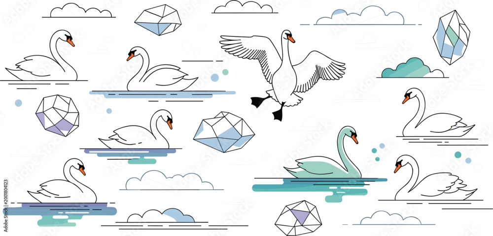 Fototapeta premium Set of swans swimming and flying on water with geometric crystals and clouds illustrated in modern line style for fantasy nature design