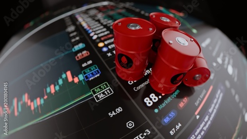 Red Oil Barrels Falling from the Sky and Oil and Gas Price Charts
