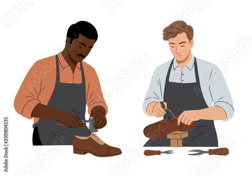 Illustration of two male cobblers, one Black and one White, working on leather shoes with traditional shoemaking tools on a white background.