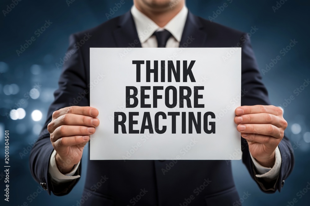 Obraz premium Think Before Reacting is the Advice on a Sign Held by a Man in a Suit