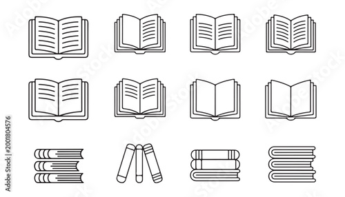 Outline vector icons of open books and vertical spines for library cataloging and educational software theme.