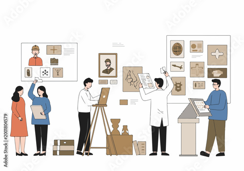 Researchers and visitors exploring an archaeological exhibition with historical artifacts, displays, and digital kiosks in a modern museum setting.