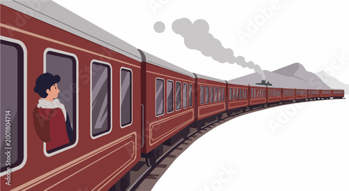 Minimalist illustration of a passenger looking out from a vintage red steam train traveling through a mountainous landscape.