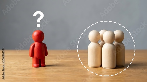 A red figure with a question mark stands facing three outlined people on a table.