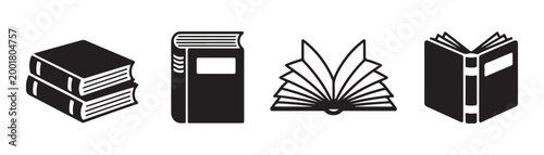 Book icon set, stacked books, closed book, and fanned open book vector illustration, reading material icons.