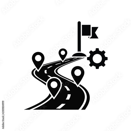 Obraz na płótnie road map icon with flag and gears black vector graphic on white background high