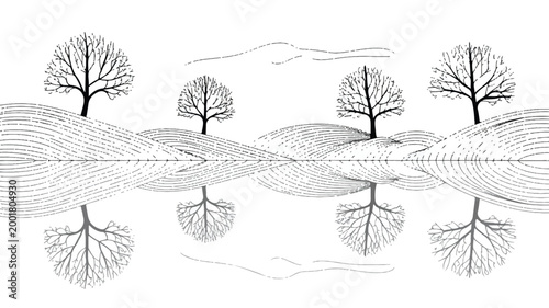 Symmetrical landscape with bare trees and water reflection