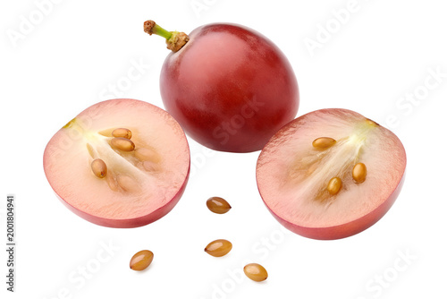Fresh vibrant red grape, whole and halved, revealing juicy pulp and natural seeds on a pure white background, embodying healthy fruit concepts and natural deliciousness