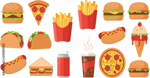 Fast Food Icons Collection with Burgers Fries Pizza Taco Hotdog Sandwich Soda Coffee Ice Cream and Street Snacks Vector Illustration for Menu Design.