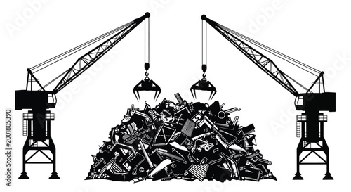 construction cranes lifting scrap metal pile silhouette