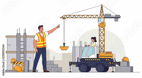 Male Construction Supervisor and Female Crane Operator Working Together on a Building Site Illustration