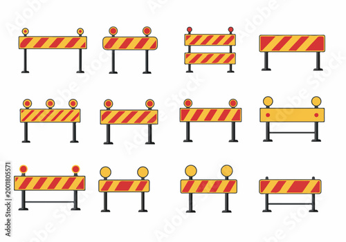 Set of construction road barrier icons with red and yellow stripes and safety lights, isolated on white background