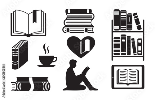 Set of book related icons open book stack book shelf reading man cup of coffee tablet and heart symbol.