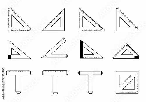 Collection of Outline Icons Featuring Various Drafting Tools Such as Set Squares and T-squares for Measurement and Design.