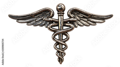 medical symbol cutout of winged staff with serpent, polished healthcare emblem with refined metallic detail, sharp focus, clean edges high definition, isolated on white background