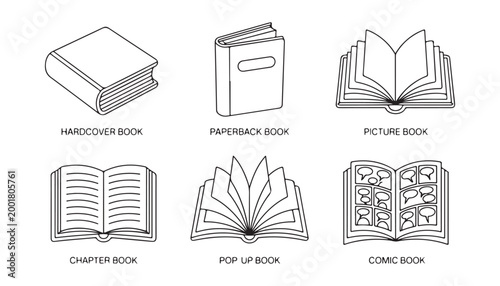 Collection of six different types of books including hardcover paperback and comic book style line drawings.