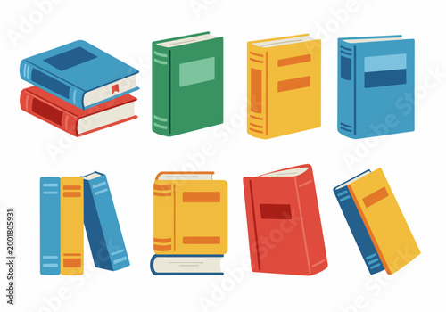 Set of Colorful Vector Book Illustrations Including Stacks and Standing Volumes Isolated on White Background