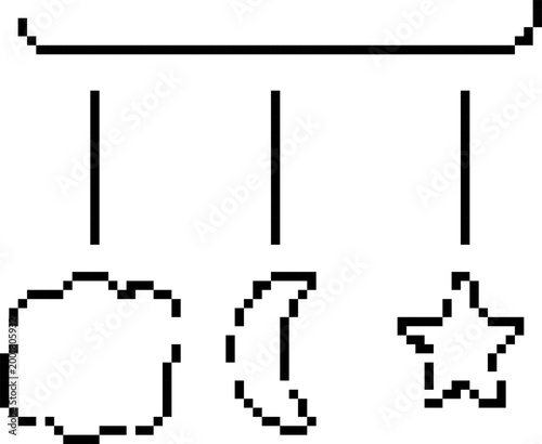baby mobile toys pixel art icon, retro 8-bit kids hanging crib nursery decoration, children vector illustration