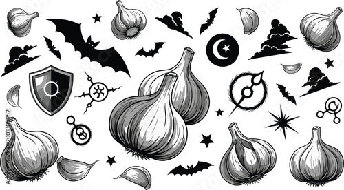 Vintage garlic illustration with bats, moon and occult symbols in detailed engraving style for gothic Halloween and mystical design