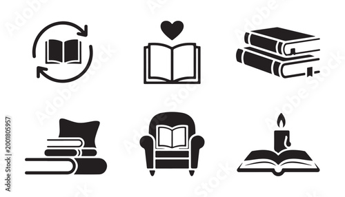 Reading comfort icons featuring books with pillows armchair candle and love symbols for bookstore marketing.