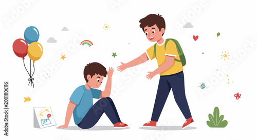 Vector illustration of a boy offering a helping hand to a sad friend sitting on the floor, showcasing kindness, empathy, and childhood friendship.